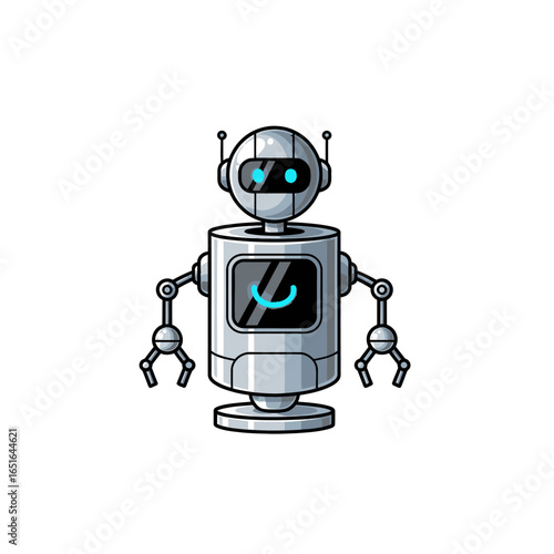 A cartoon-style, silver robot with a smiling face on its screen stands on a white background.