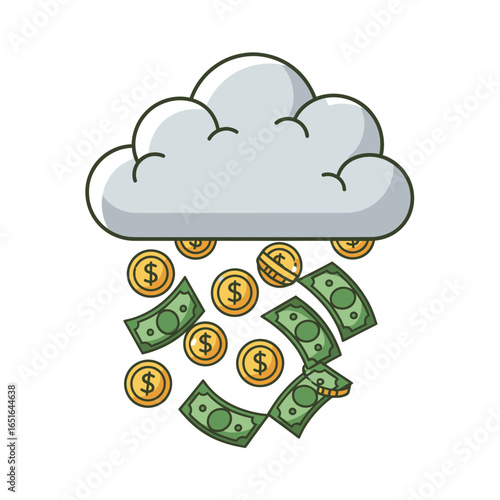A stylized illustration depicts a fluffy grey cloud raining down a shower of US dollar bills and gold coins, symbolizing financial abundance or a windfall.