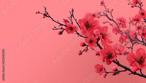 Coral-pink blossoms on dark branches against a pale pink backdrop; delicate, slightly blurred, suggesting spring