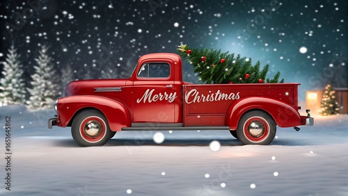 red vintage christmas truck carrying tree in snowy winter night

