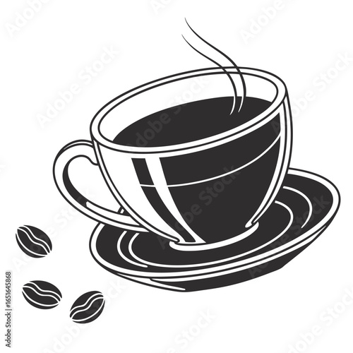 Black and White Illustration of a Steaming Cup of Coffee with Beans saucer