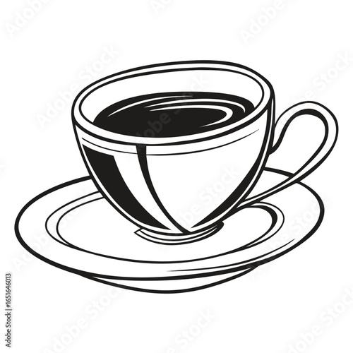 Black and white line art drawing of a coffee cup and saucer drink beverage