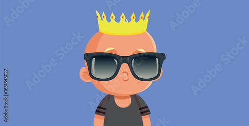 Cool Adorable Baby Wearing a Crown and Sunglasses Vector Cartoon. Funny bratty and selfish infant acting like the boss of the family
