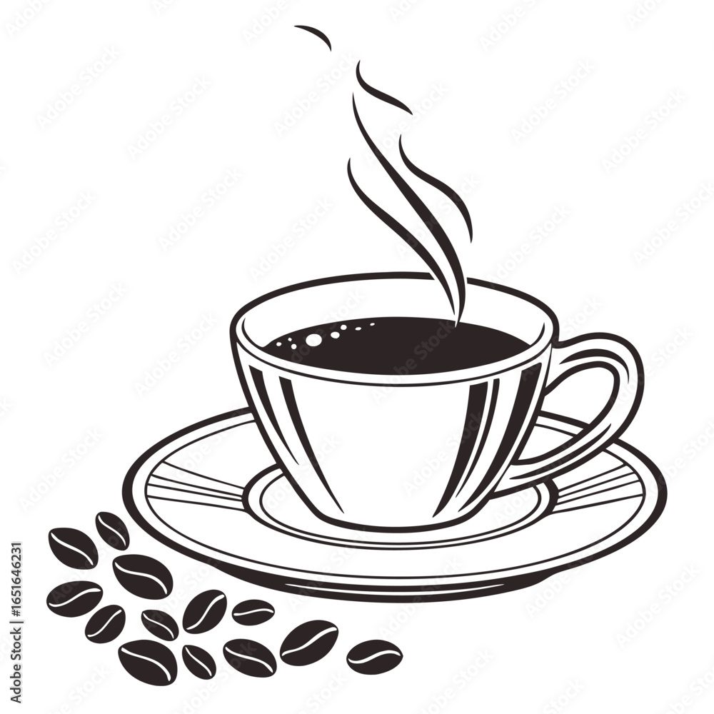 Obraz premium Black and white illustration of a steaming cup of coffee with beans beverage