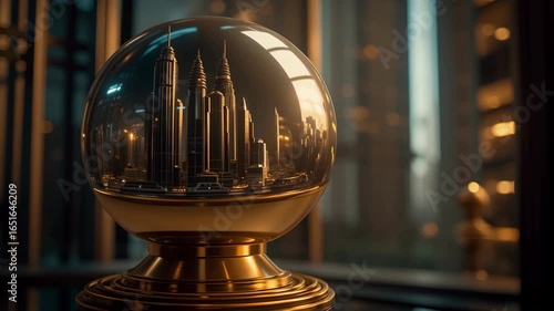 Emblazoned scales of justice hold hopes concept. A golden globe showcases a futuristic city skyline within a reflective glass structure.