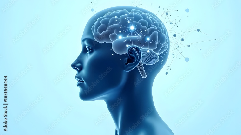 Obraz premium Digital Human Mind: Side Profile of a Transparent Brain Illuminated by Neural Networks and Floating Data Particles, Symbolizing Artificial Intelligence, Cognitive Computing, and the Fusion of Human Th