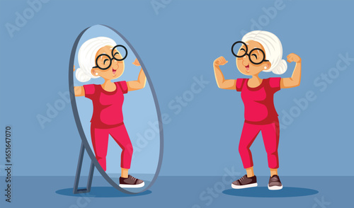 Strong Elderly Woman Flexing in the Mirror Vector Character. Happy grandma showing off her athletic physique in the mirror 
