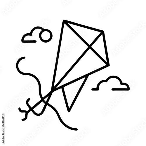 A Simple Kite's Journey: A line art depiction of a kite ready to soar, evoking a sense of joy, freedom, and whimsical adventures.
