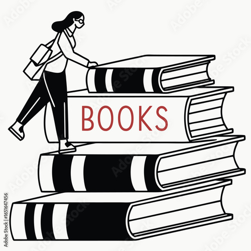 Woman Reaching for Stack of Books with Word Books on Spine reading knowledge