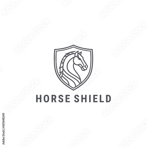 Horse shield logo with strong, elegant style for protective and noble branding.