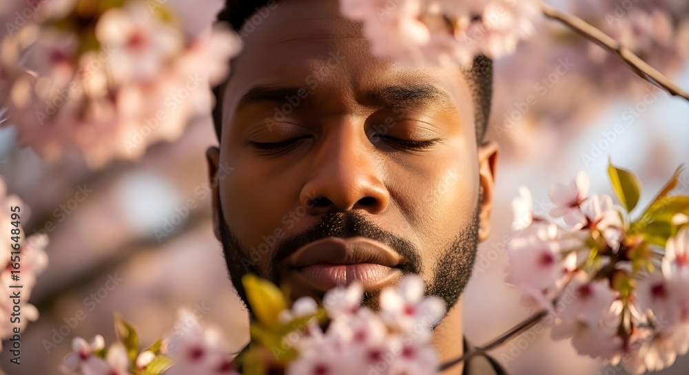 Obraz premium Close-up of thoughtful African American man with eyes closed, framed by blooming cherry blossoms, cinematic lighting, shallow depth of field, serene vibes