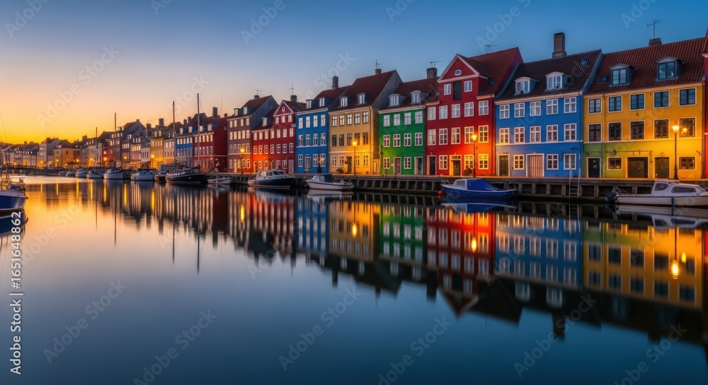Obraz premium Nyhavn Harbor at Dusk, Copenhagen, Denmark: Colorful Buildings and Reflections