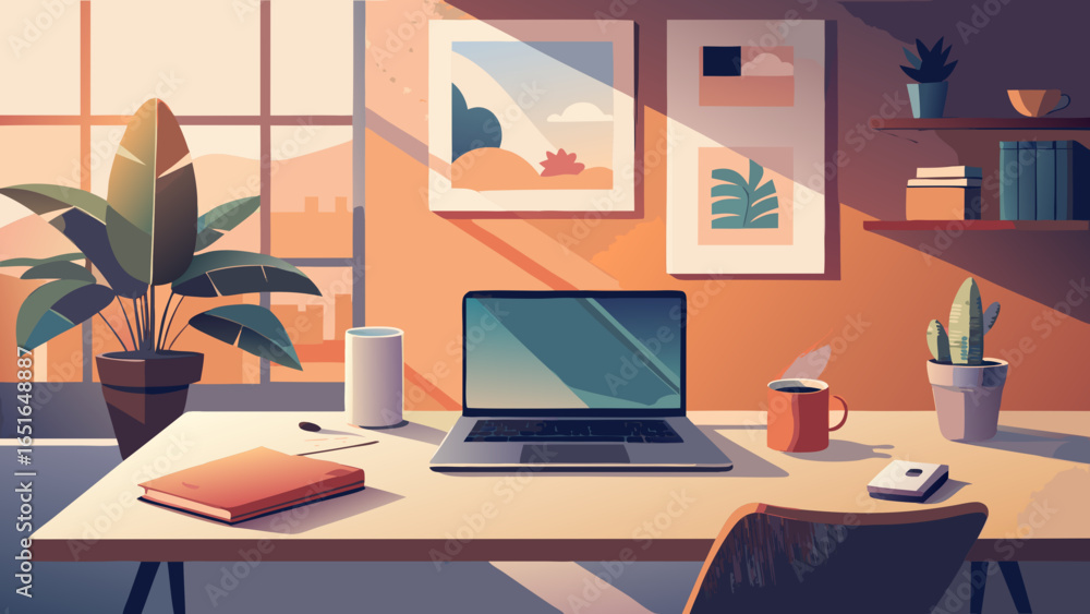 Fototapeta premium Illustration of a home office with laptop and plants