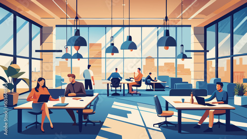 People working in a modern open office space setting