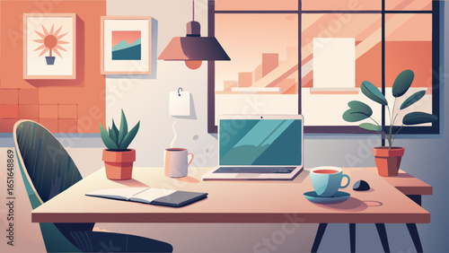 Illustration of a home office setup with laptop and plants