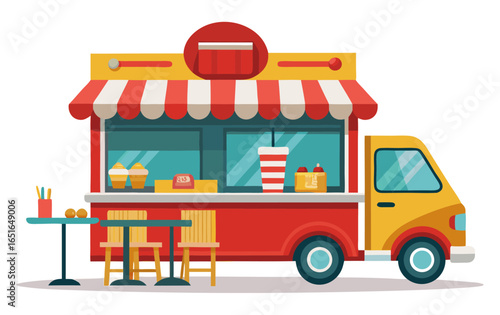 A colorful food truck with a red and white striped awning, serving ice cream and drinks. A small table and chairs are set up beside it for customers.