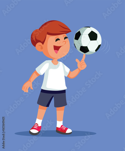 Little Boy Playing with Soccer Ball Vector Cartoon Illustration. Kid Spins the ball on his finger  having fun with sporty activities 
