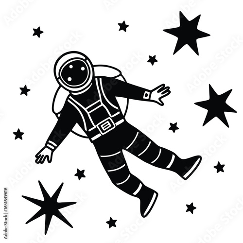 Black astronaut silhouette floating in space with star shapes stars