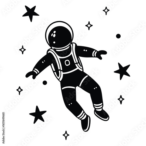 Black astronaut silhouette floating in space with stars and dots vector illustration