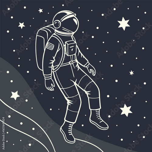 Astronaut in a spacesuit floating in space with stars and cosmic waves vector illustration