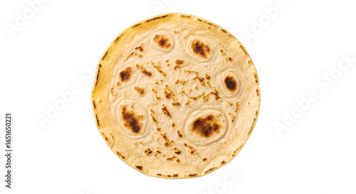 One soft homemade flatbread tortilla, with crispy brown spots on transparent background. Freshly baked chapati bread for healthy diet or Mexican food.