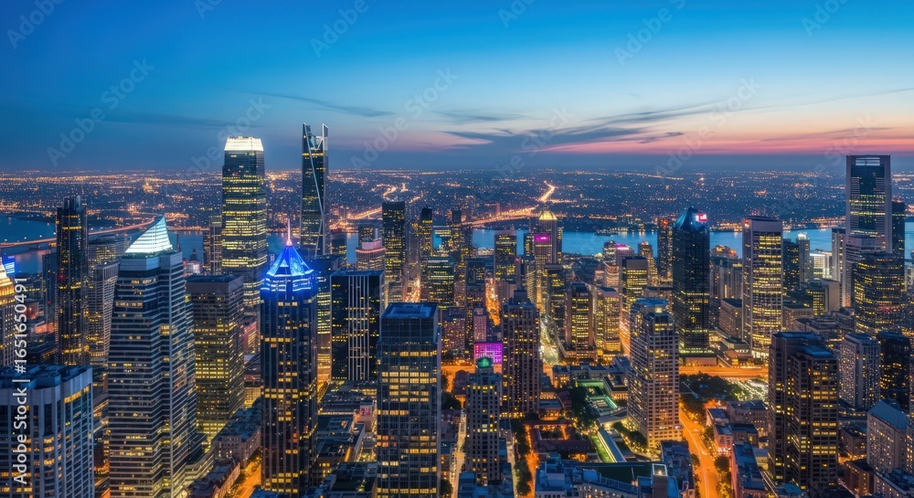 Obraz premium Shanghai Skyline at Night: Illuminated Skyscrapers and Urban Panorama