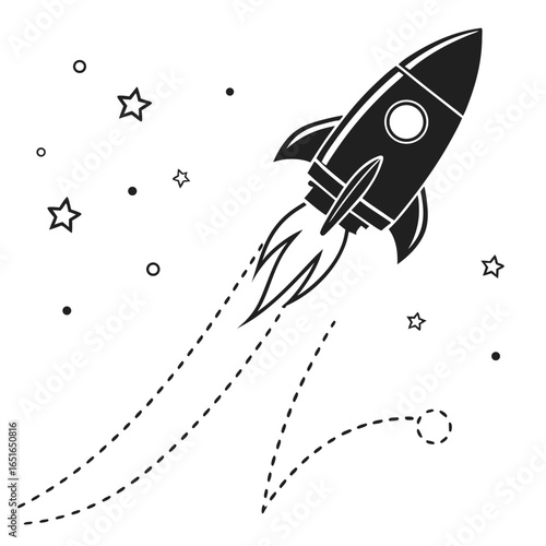 Black rocket ship launching with dotted trails and celestial elements spaceship space
