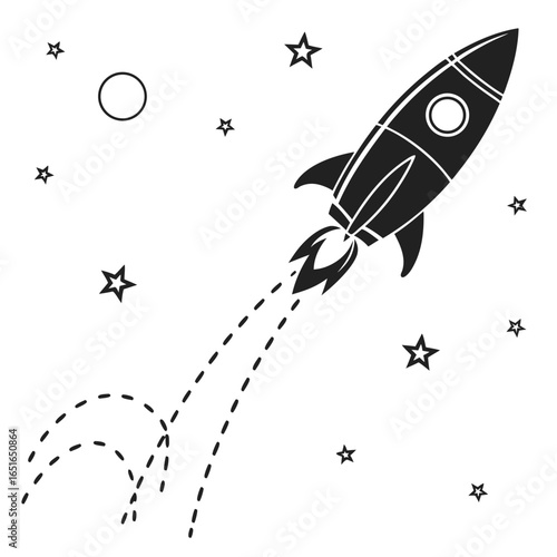 Black rocket ship blasting off into starry space with a planet spaceship stars