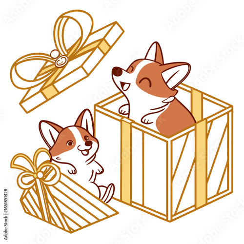 Elegant pattern — corgis inside Christmas gift boxes, outlined with thin golden lines, luxury packaging design, vector art.