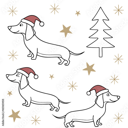 Minimalist seamless pattern — elegant outline dachshunds in Santa hats, golden stars, simple Christmas trees, vector, luxury branding design.