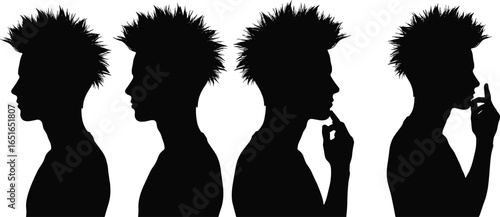 Silhouette of young man with spiky hairstyle in different poses, profile view, black vector illustration, modern male figure, isolated design