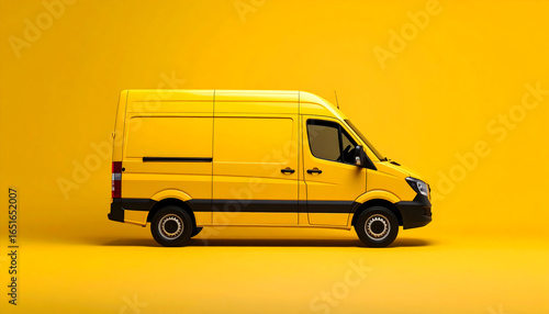 Bright Yellow Delivery Van Isolated Against Yellow Background Showing Transportation Vehicle
