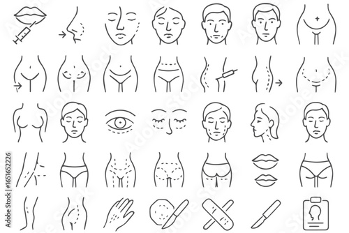 Minimalist surgery icons set, liposuction, cosmetic surgery, body treatments, aesthetic procedures, healthcare symbols liposuction healthcare lineart