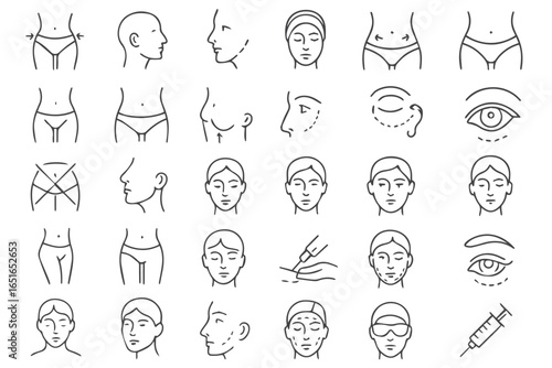 Cosmetic surgery minimalist icons, liposuction, body contouring, plastic surgery, health and beauty procedures liposuction healthcare lineart