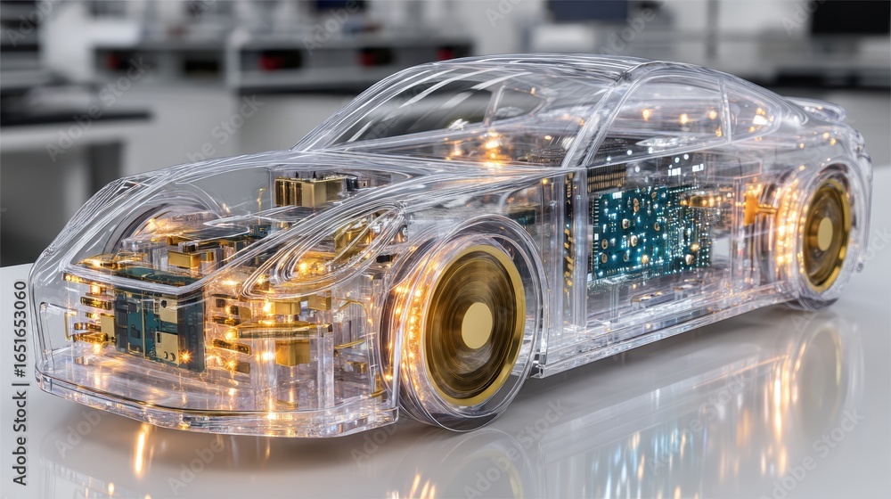 Obraz premium Transparent Car Model: Electric Vehicle Tech Concept