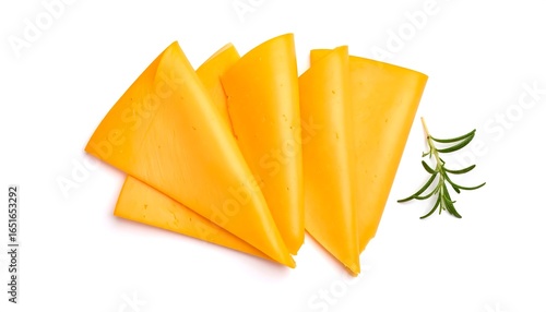 Cheese slices with rosemary, and white background.