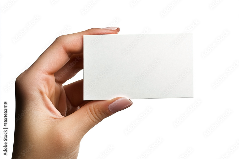 Obraz premium Elegant hand displaying a blank, rectangular card against a bright white backdrop