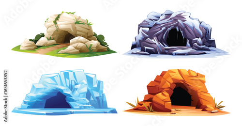 Collection of caves in various climates including rocky terrain, icy winter, and desert. Vector cartoon illustration