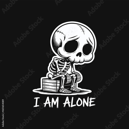 Sad Cartoon Skeleton Sitting Alone with "I Am Alone" Text