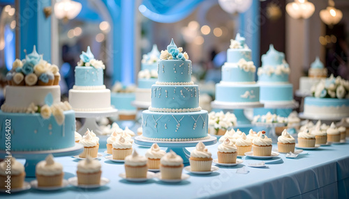 Wallpaper Mural Elegant blue tiered cakes and cupcakes arrangement on display at an event with white floral decorations Torontodigital.ca