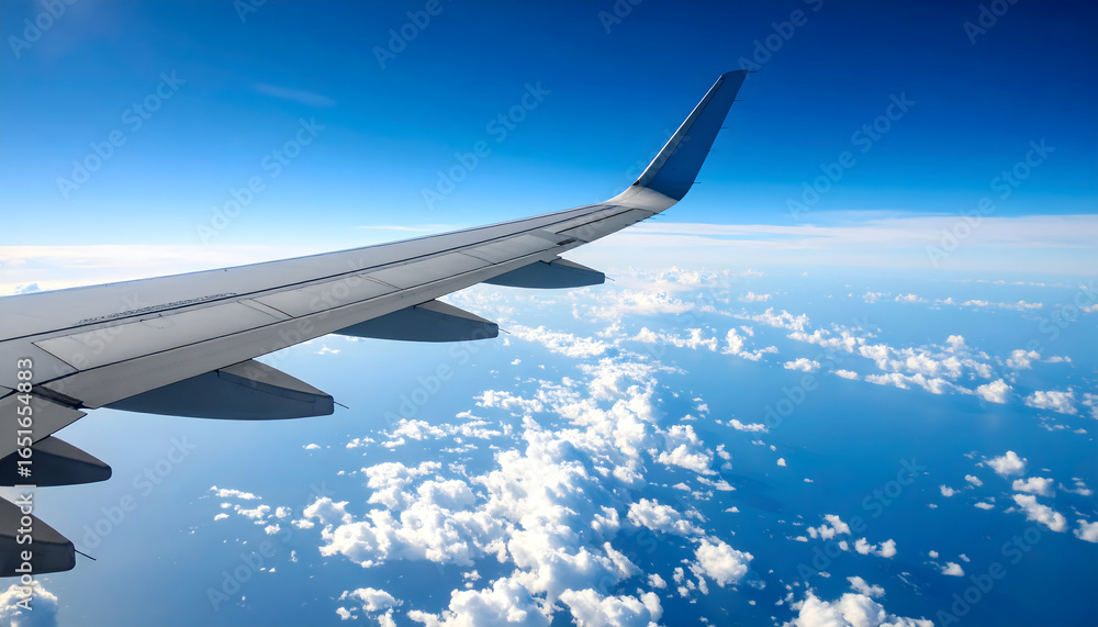 Airplane Wing Against Blue Sky with Fluffy Clouds during Flight Airplane Wing Against Blue Sky with Fluffy Clouds during Flight