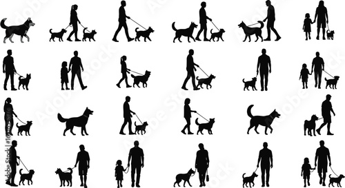 Silhouettes of people walking dogs, adults and children together, pet companionship