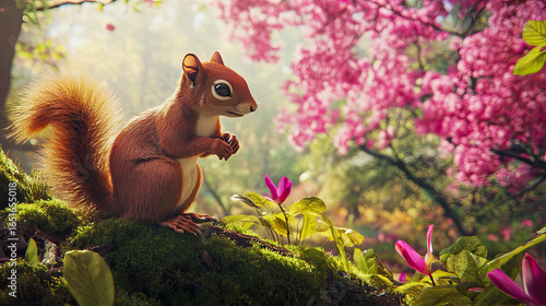 A vibrant landscape featuring Indian giant squirrels in a forest setting. Pink background