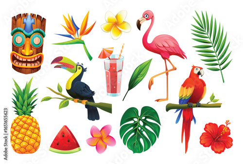 Collection of tropical elements, including a tiki mask, parrot, flamingo, toucan, pineapple, watermelon, hibiscus flower, and leaves. Vector cartoon illustration