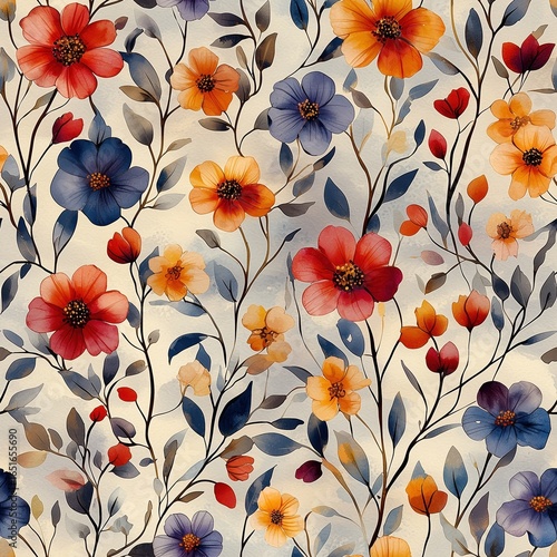A seamless watercolor pattern presenting a lively mix of red, orange, and blue flowers with delicate leaves and branches on a light, slightly textured background.