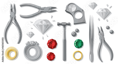 Illustration of jewelry making tools and gemstones on a white background