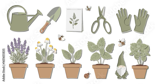 Illustration of gardening tools and potted plants with bees and gnome