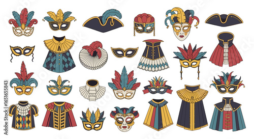 Collection of ornate venetian masks and theatrical costume elements