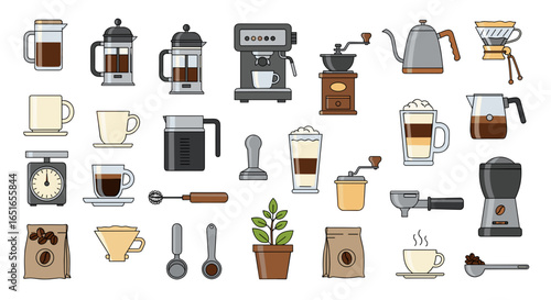 Illustration of various coffee brewing equipment and coffee related items