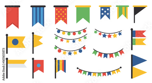 Illustration of various colorful decorative flags and string lights set